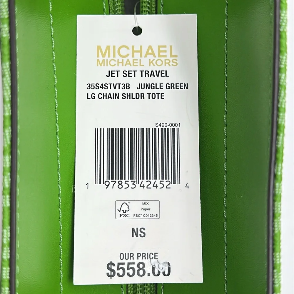 Michael Kors Jet Set Large Signature Logo Chain Shoulder Tote Bag Jungle Green